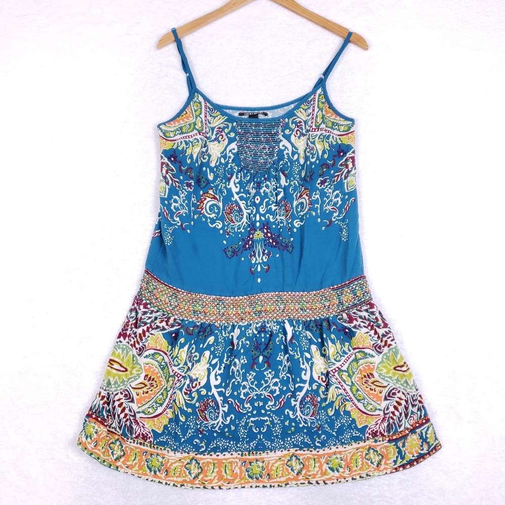 Lucky Brand Mini Sun Dress S Boho Paisley Teal Blue Smocked Drop Waist Festival
